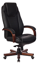 Кресло T-9923WALNUT/BLACK. Обивка - кожа, цвет черный. Деревянная крестовина. Механизм со смещенной осью качания с возможностью фиксации в нескольких положениях. Нагрузка до 200 кг