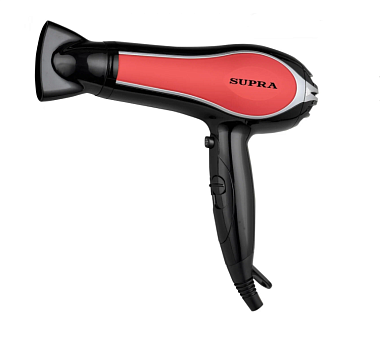 Фен SUPRA PHS-2206L Мощность 2200 Вт, 2 скорости и 3 режима нагрева, холодный воздух, цвет черный/красный