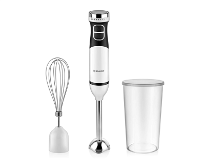 Блендер погружной BRAYER BR1243, мощность 800Вт, мерный стакан объемом 0,7л, насадка: блендер нерж., венчик, цвет белый/черный