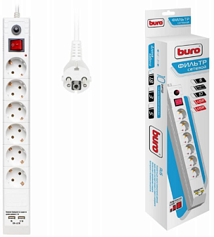 Сетевой фильтр Buro BU-SP1.8_USB_2A-W, 6 розеток, мощность 2200Вт, 2 выхода USB длина 1.8м, номинальный ток 10А, с заземлением, защита от перегрузок, цвет белый 