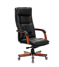 Кресло T-9927WALNUT/BLACK. Обивка - кожа, цвет черный. Деревянная крестовина. Деревянные подлокотники с мягкими накладками. Механизм качани с фиксацией в нескольких положениях. Нагрузка до 200 кг.