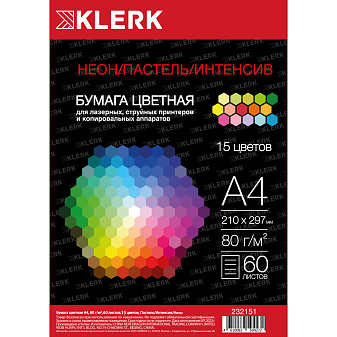 Бумага ЦО KLERK формат А-4, плотность 80г/м2, 60 листов, Интенсив + пастель + неон радуга, 15 цветов по 4 листа