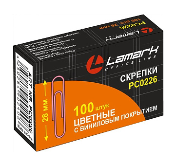 Скрепки  28 мм "Lamark"  с виниловым покрытием, круглые, цветные 100 шт/упак