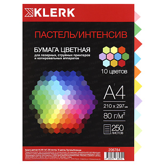 Бумага KLERK формат А-4, плотность 80 г/м2, 250 листов, интенсив+пастель, 10 цветов по 25 листов