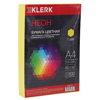 Бумага KLERK формат А-4, плотность 80 г/м2, 500 листов, желтый неон