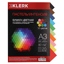 Бумага KLERK формат А-3, плотность 80 г/м2, 20 листов, интенсив/пастель, 10 цветов по 2 листа