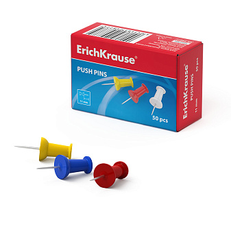 Кнопки силовые "ErichKrause" 50 штук с пластиковой шляпкой и игольчатой ножкой, картонная коробка, цветные