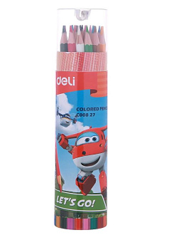 Карандаши цветные 24 цвета "Deli Super Wings EC00827" деревянные (тополь), шестигранные, диаметр 8 мм,  пластиковая туба 